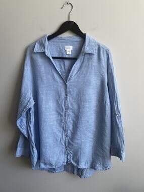 Sigrid Olsen Shirt Womens 2X Blue 100% Linen Button Up Roll Tab Coastal Minimal